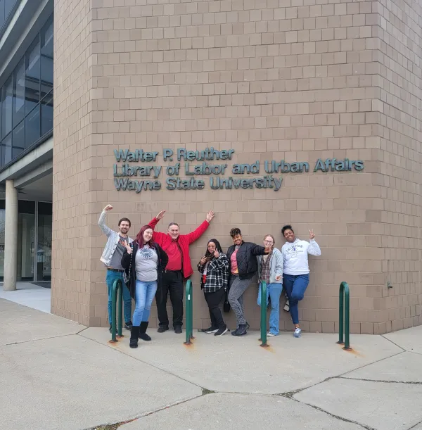 Photo of local 2256 members with Gavin Strassel at the Walter Reuther Library